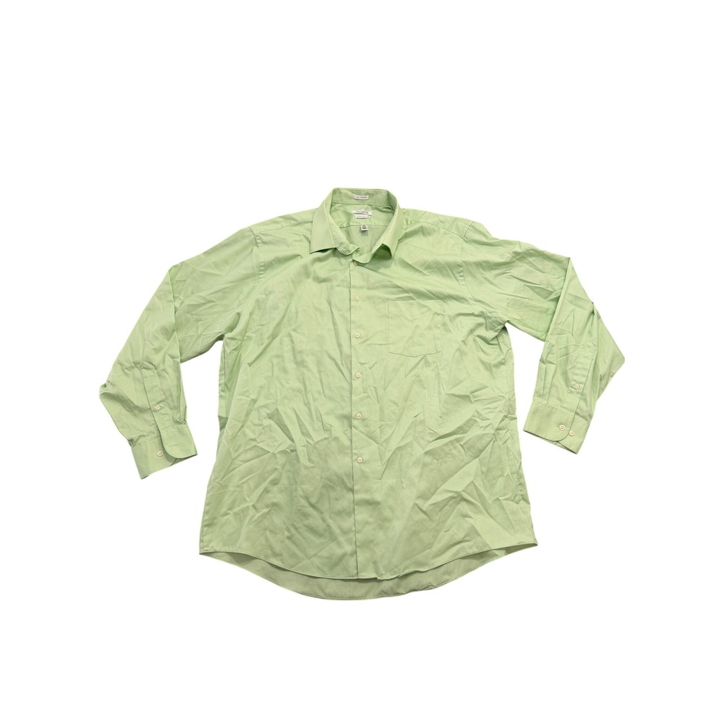 Van Heusen Lux Sateen Dress Shirt Men 17.5 34/35 Green Wrinkle Free Regular Fit